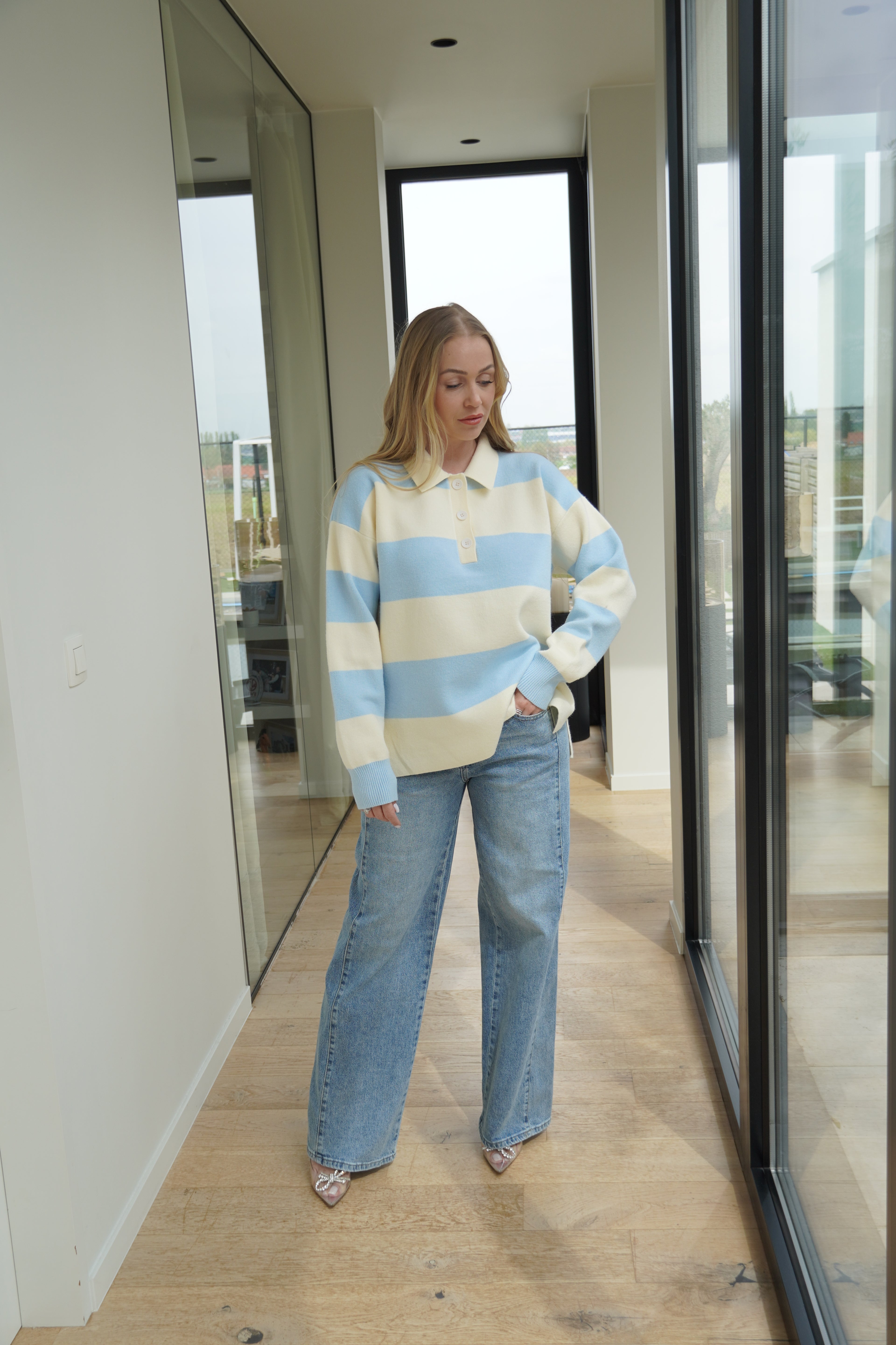 PULL RAYÉ écru & bleu ciel | ref 0001